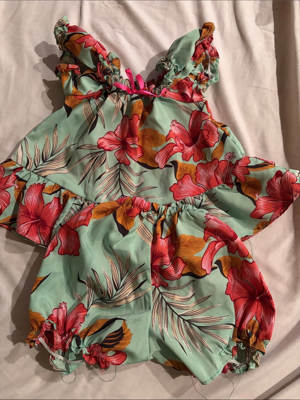 Hawaii's Finest Mint Tropical Floral Romper with Pink & Orange Blooms